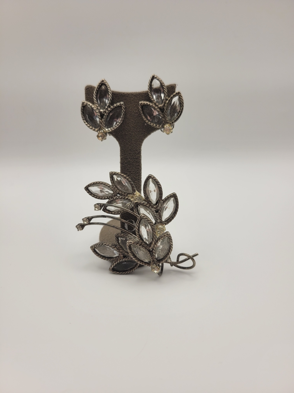 Vintage Silver-Tone Marquise Crystal Leaf Brooch & Earrings Set